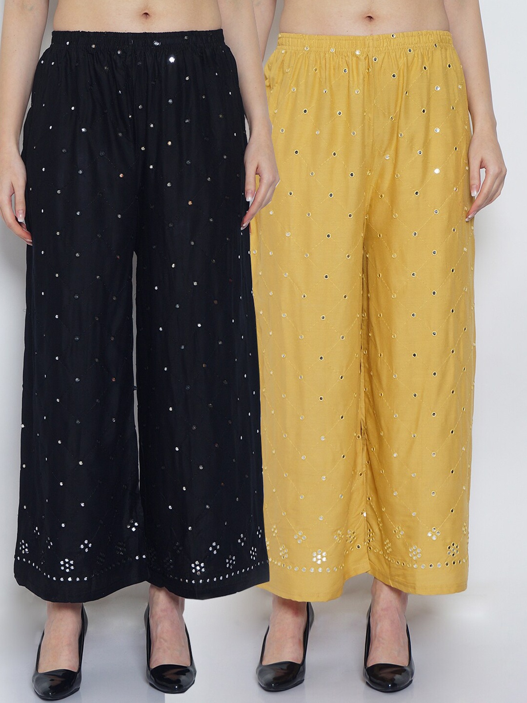

Jinfo Women Black & Yellow Set Of 2 Embroidered Flared Ethnic Palazzos