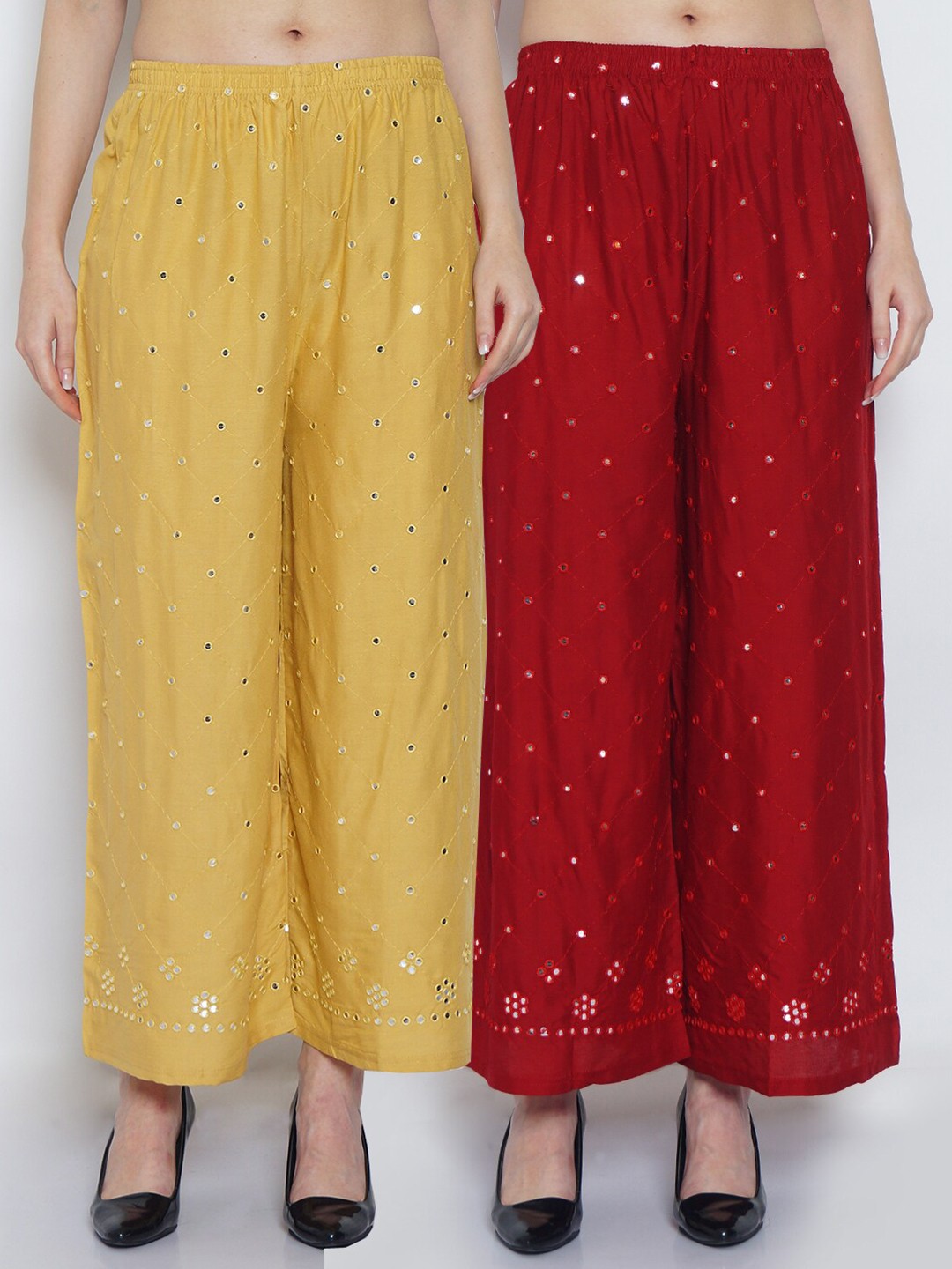 

Jinfo Women Beige & Maroon Pack of 2 Floral Embroidered Ethnic Palazzos