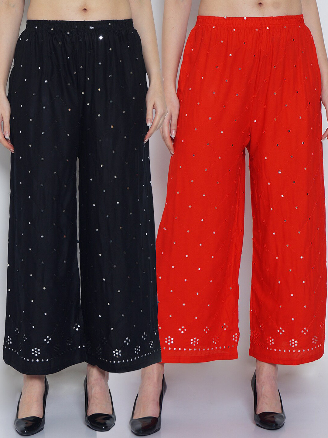 

Jinfo Women Black & Orange Pack of 2 Embellished Knitted Palazzos
