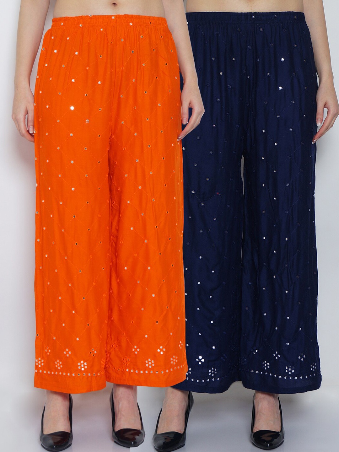 

Jinfo Women Orange & Navy Blue Set Of 2 Embroidered Flared Knitted Ethnic Palazzos