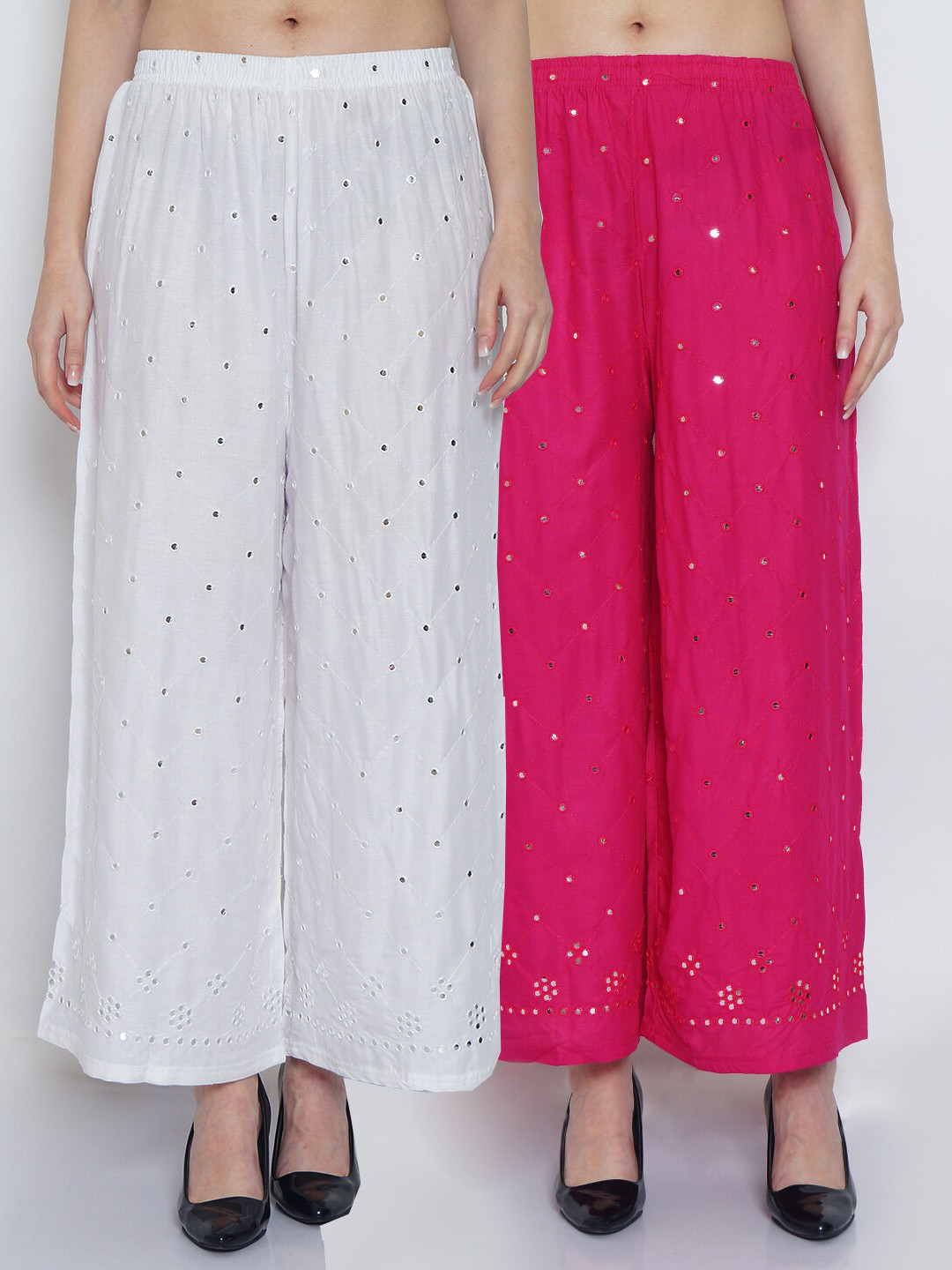 

Jinfo Women White & Pink Pack of 2 Floral Embroidered Flared Ethnic Palazzos