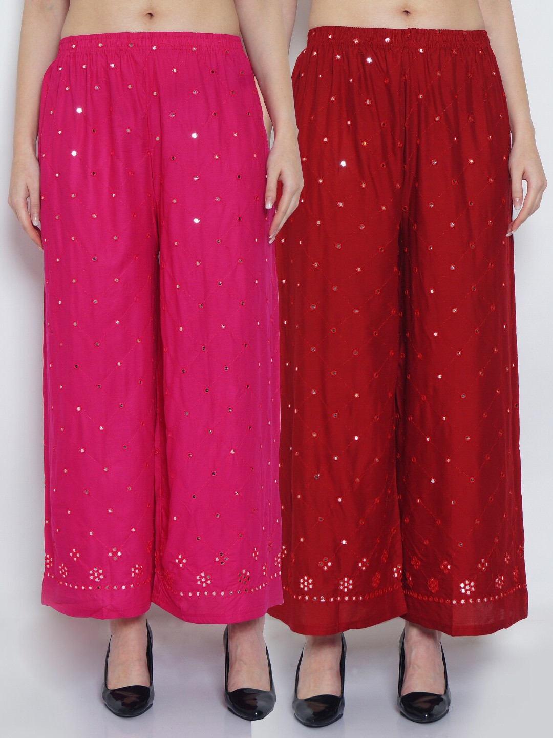 

Jinfo Women Pink & Maroon Pack of 2 Embellished Knitted Palazzos