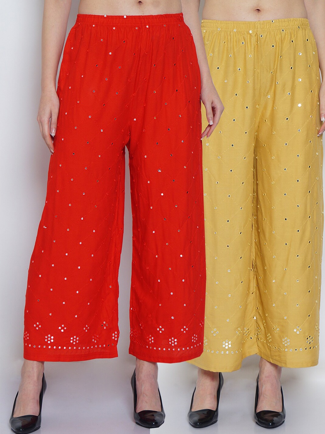 

Jinfo Women Red & Beige Set Of 2 Abstract Embroidered Straight Fit Palazzo