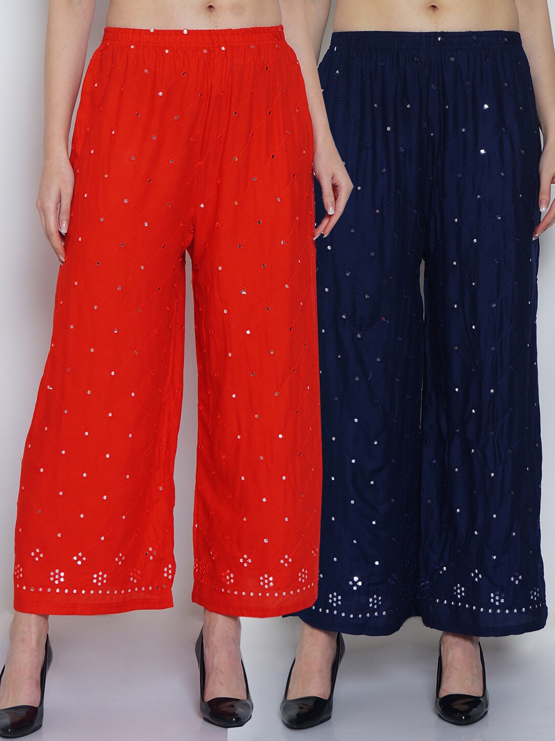 

Jinfo Women Red & Blue Set of 2 Embroidered Knitted Palazzos