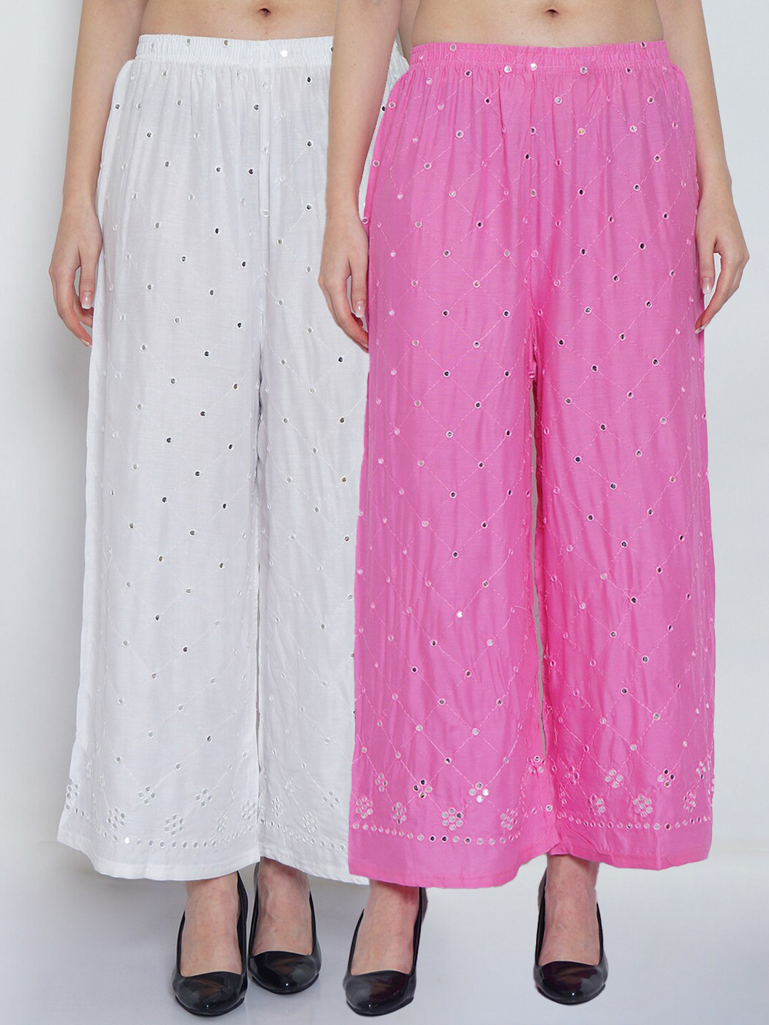 

Jinfo Women White & Pink Pack of 2 Floral Embroidered Ethnic Palazzos
