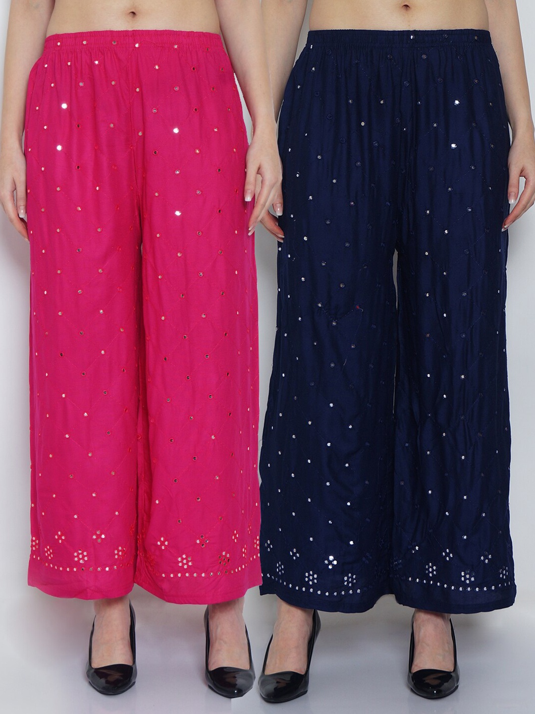 

Jinfo Women Pink & Navy Blue Pack of 2 Embellished Flared Ethnic Palazzos