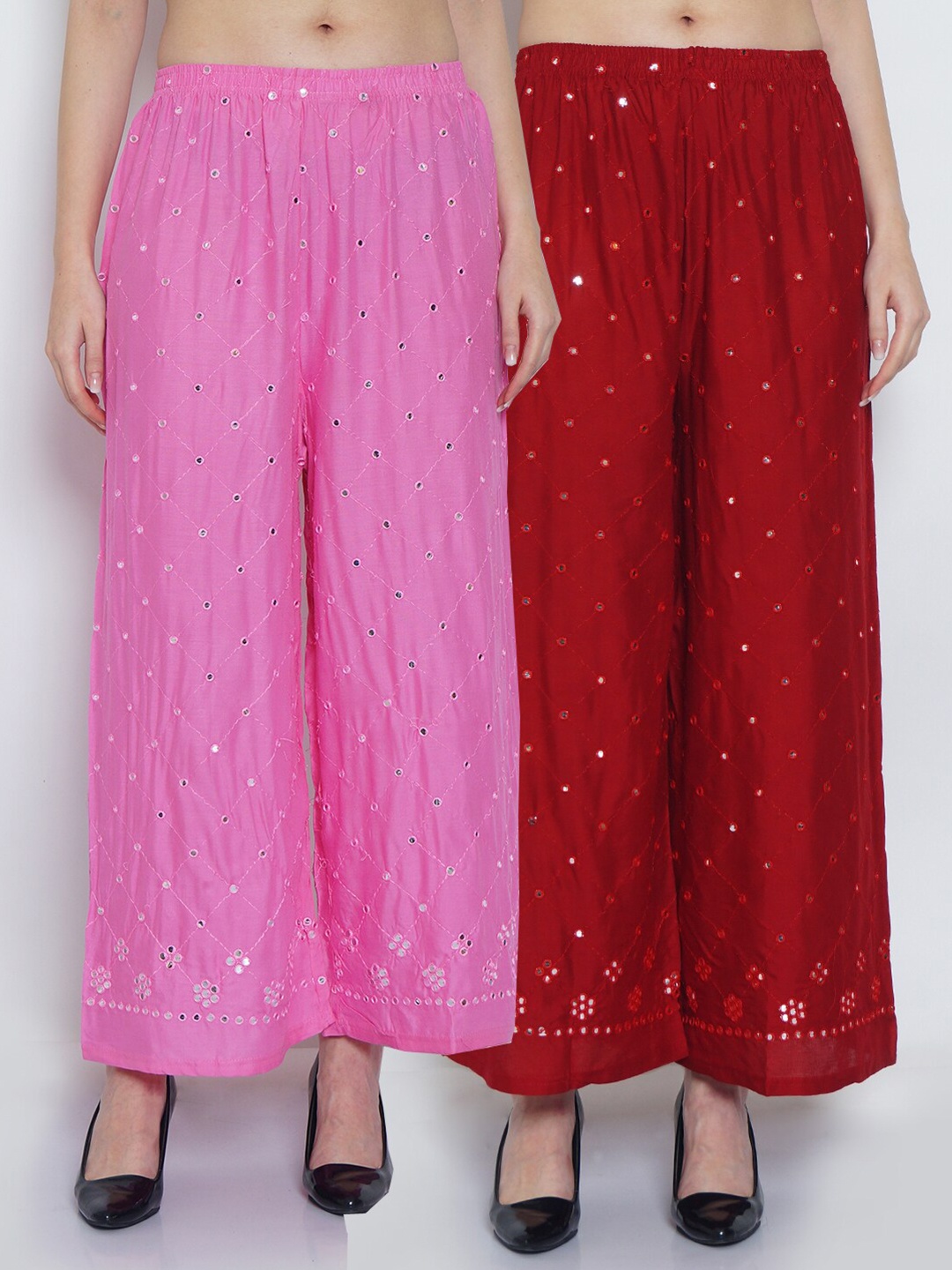 

Jinfo Women Pink & Maroon Set Of 2 Abstract Embroidered Straight Fit Palazzo