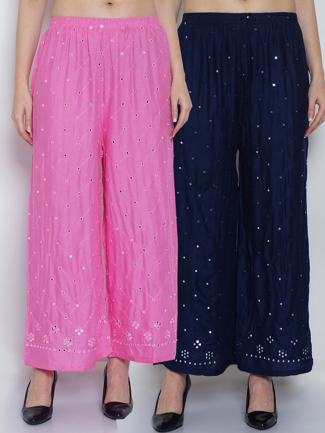 

Jinfo Women Pink & Navy Blue Set Of 2 Abstract Embroidered Straight Fit Palazzo