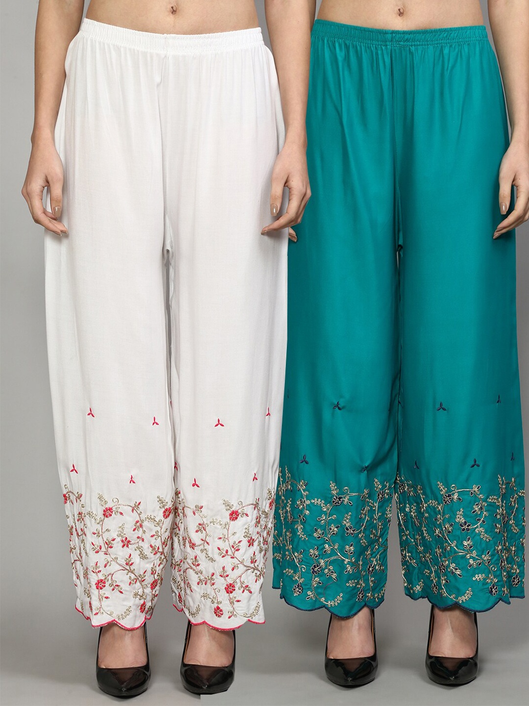 

Jinfo Women White & Green Pack of 2 Floral Embroidered Ethnic Palazzos