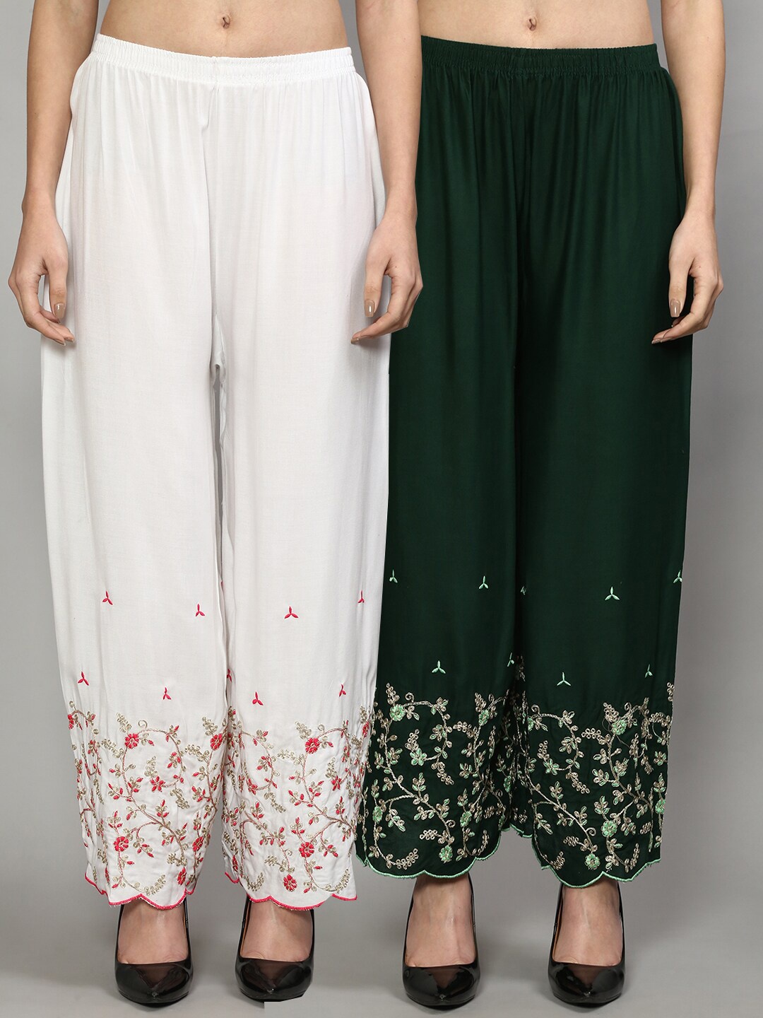 

Jinfo Women White & Black Set Of 2 Floral Printed Straight Fit Palazzo