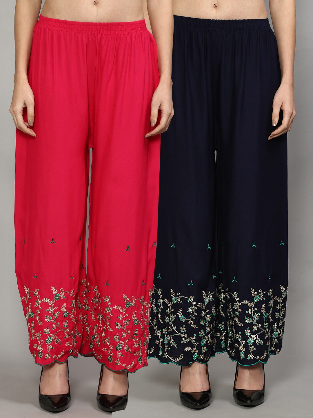 

Jinfo Women Pink & Navy Blue Set Of 2 Floral Embroidered Flared Ethnic Palazzos