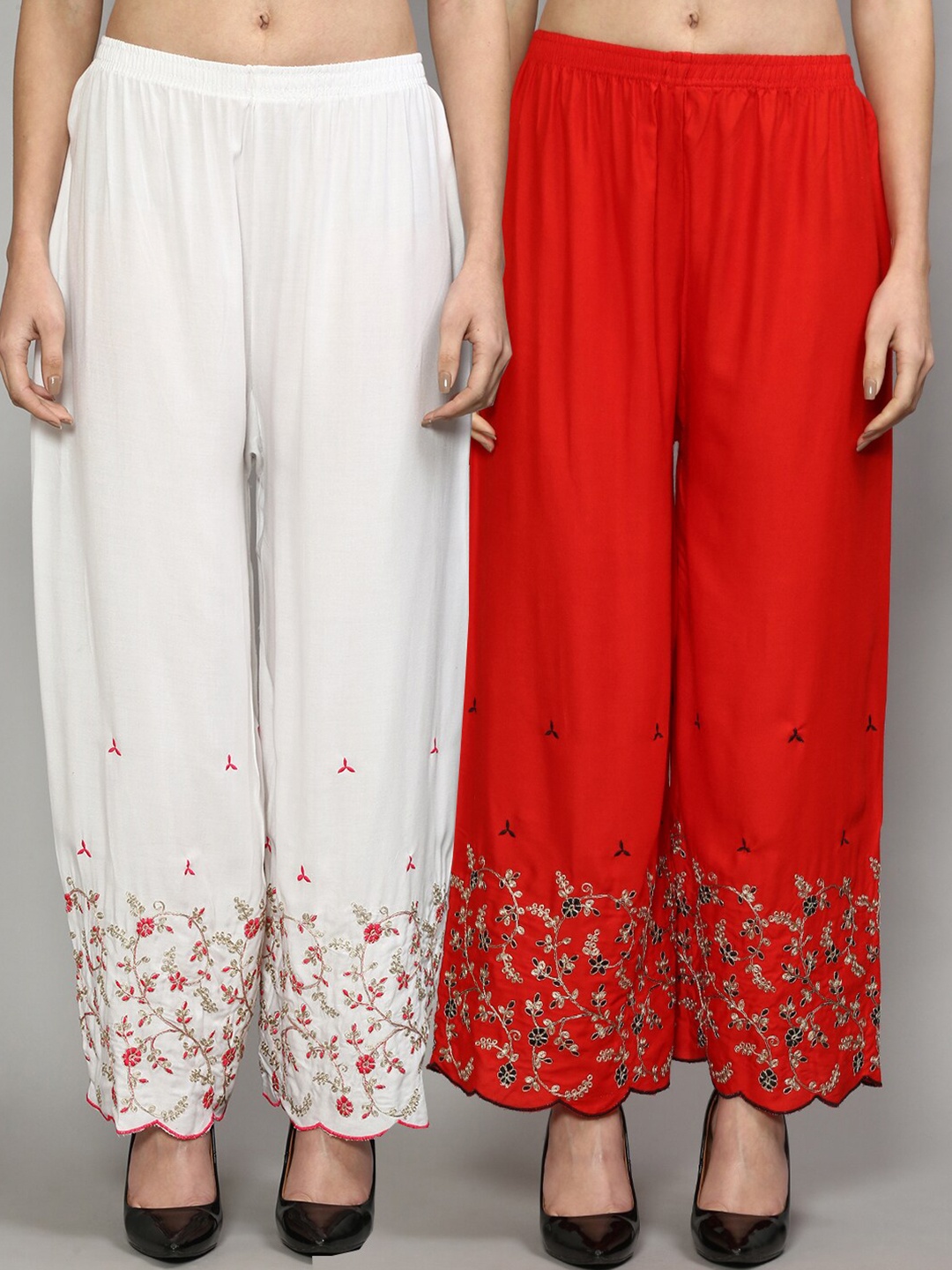 

Jinfo Women White & Red Pack of 2 Floral Embroidered Flared Knitted Ethnic Palazzos