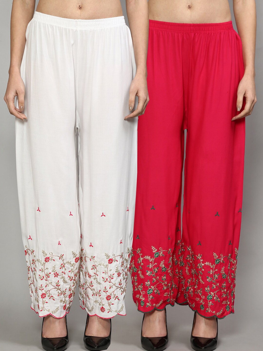 

Jinfo Women White & Red Pack of 2 Floral Embroidered Ethnic Palazzos
