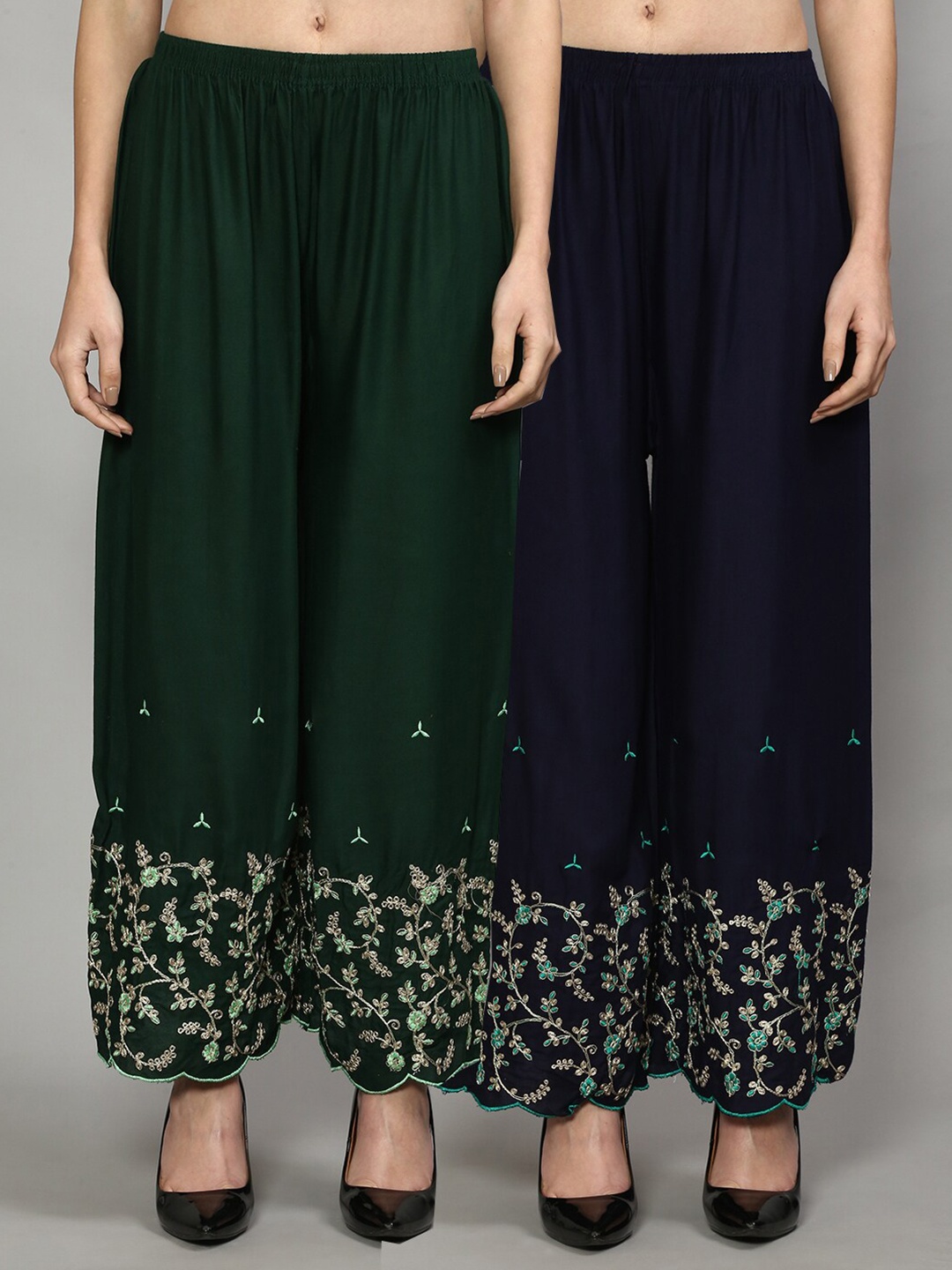 

Jinfo Women Green & Navy Blue Pack of 2 Floral Embroidered Flared Knitted Ethnic Palazzos