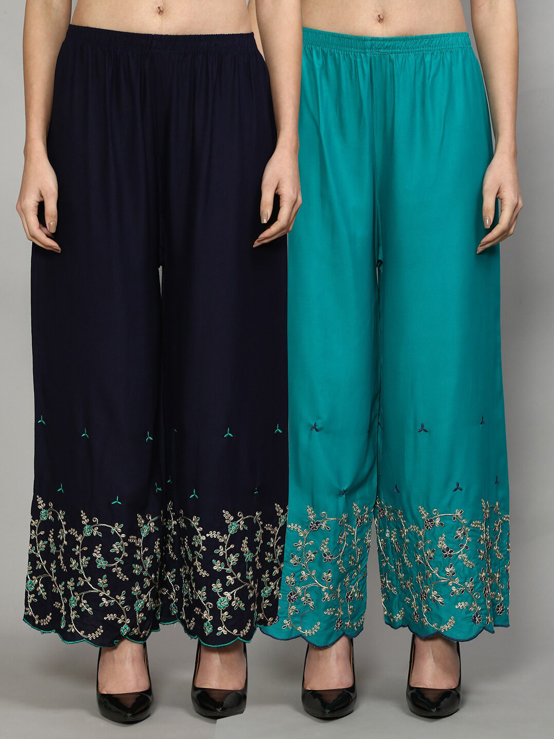 

Jinfo Women Navy Blue & Turquoise Blue Pack of 2 Floral Embroidered Knitted Palazzos