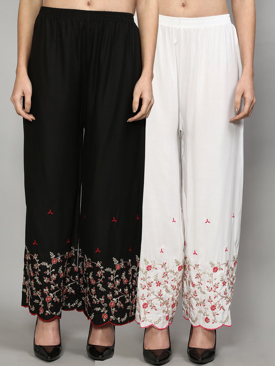 

Jinfo Women Black & White Pack of 2 Floral Embroidered Ethnic Palazzos