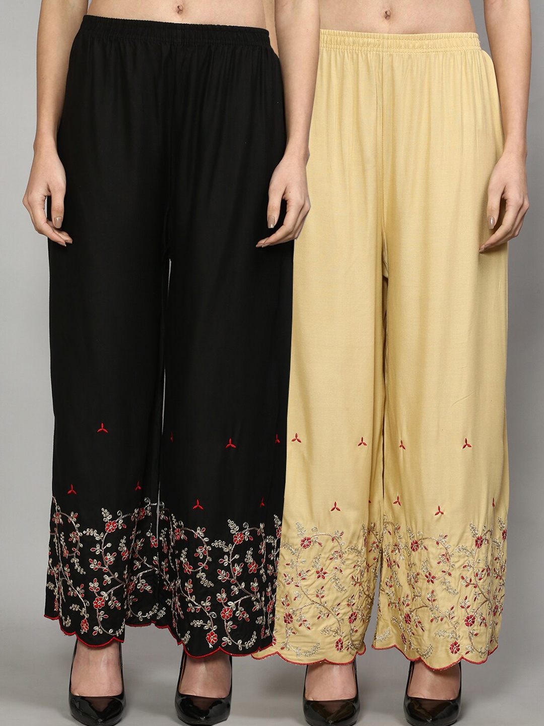 

Jinfo Women Black & Beige Pack of 2 Floral Embroidered Flared Knitted Ethnic Palazzos