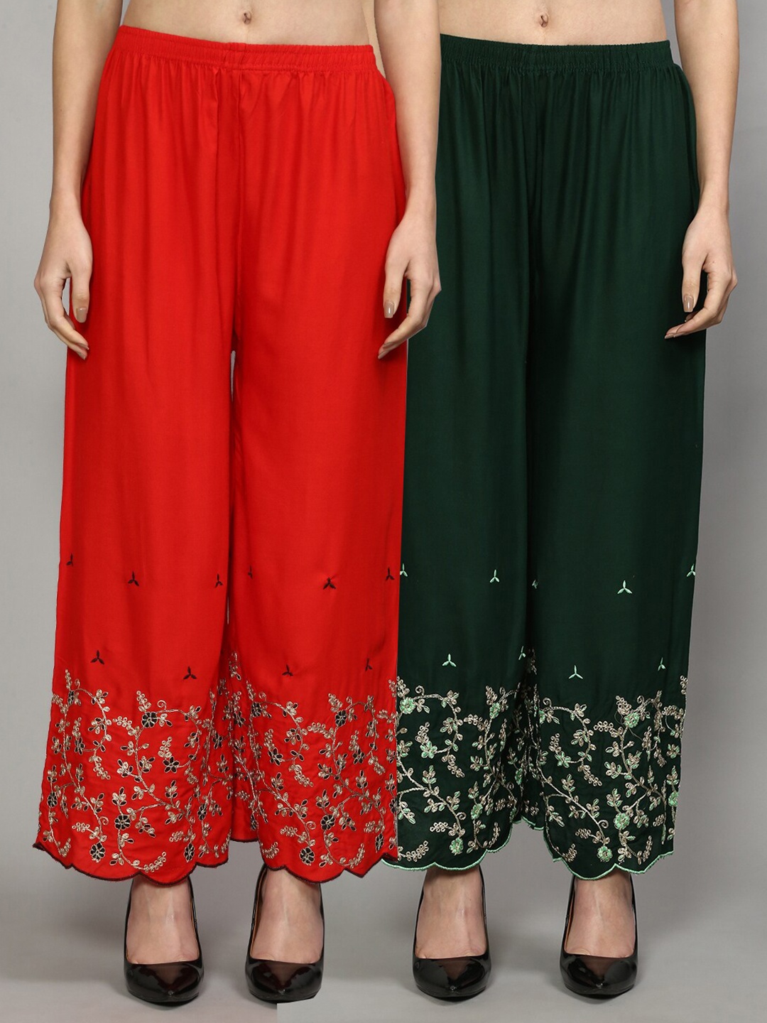 

Jinfo Women Red & Green Set of 2 Floral Embroidered Flared Knitted Ethnic Palazzos