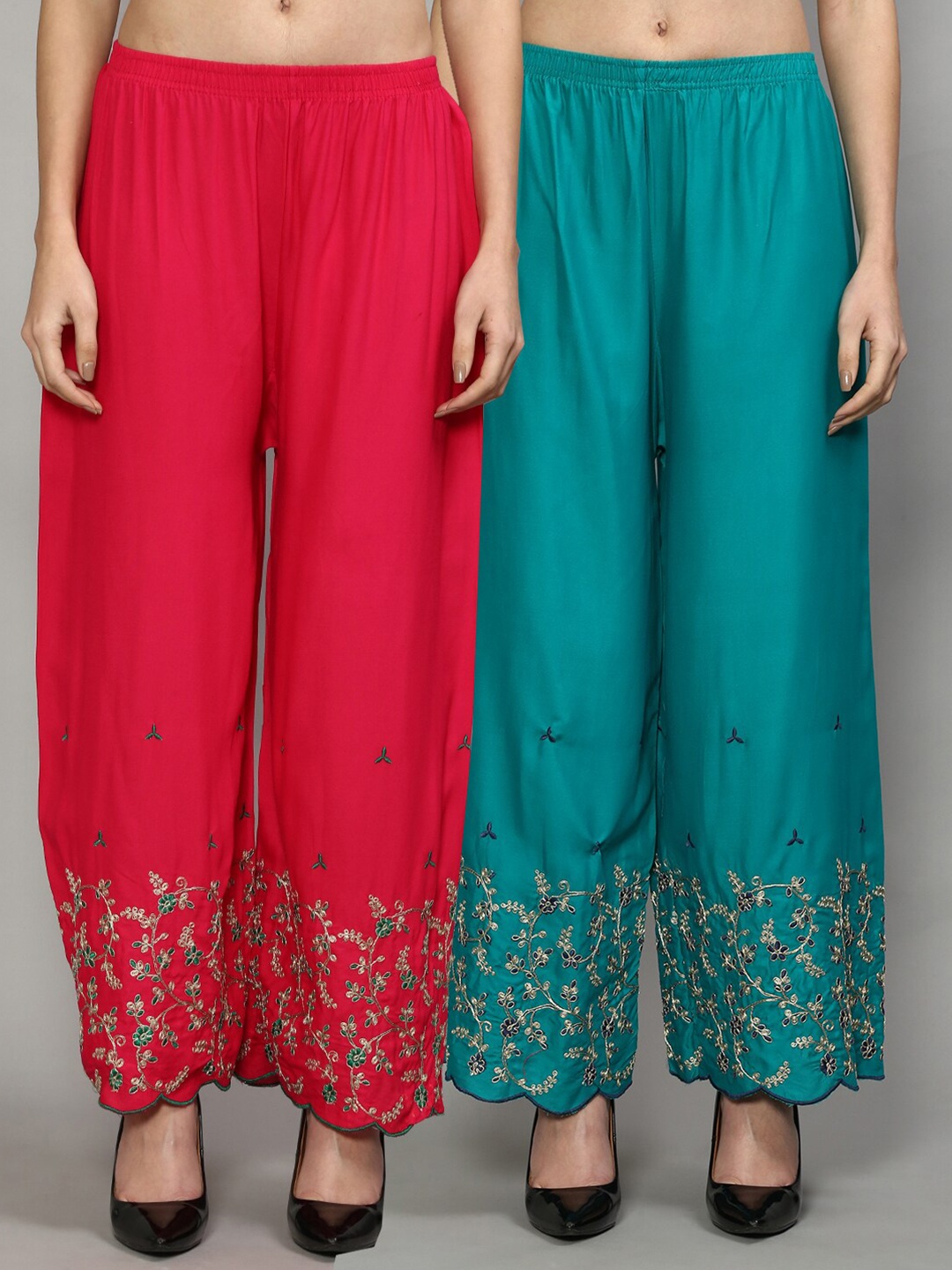 

Jinfo Women Pink & Blue Pack of 2 Floral Embroidered Ethnic Palazzos