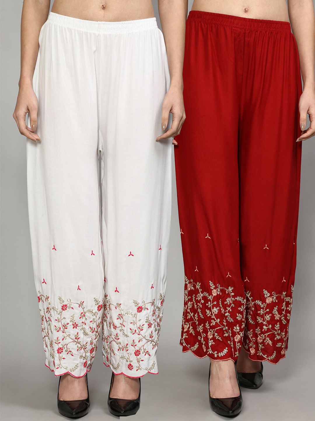 

Jinfo Women White & Maroon Set Of 2 Floral Printed Straight Fit Palazzo
