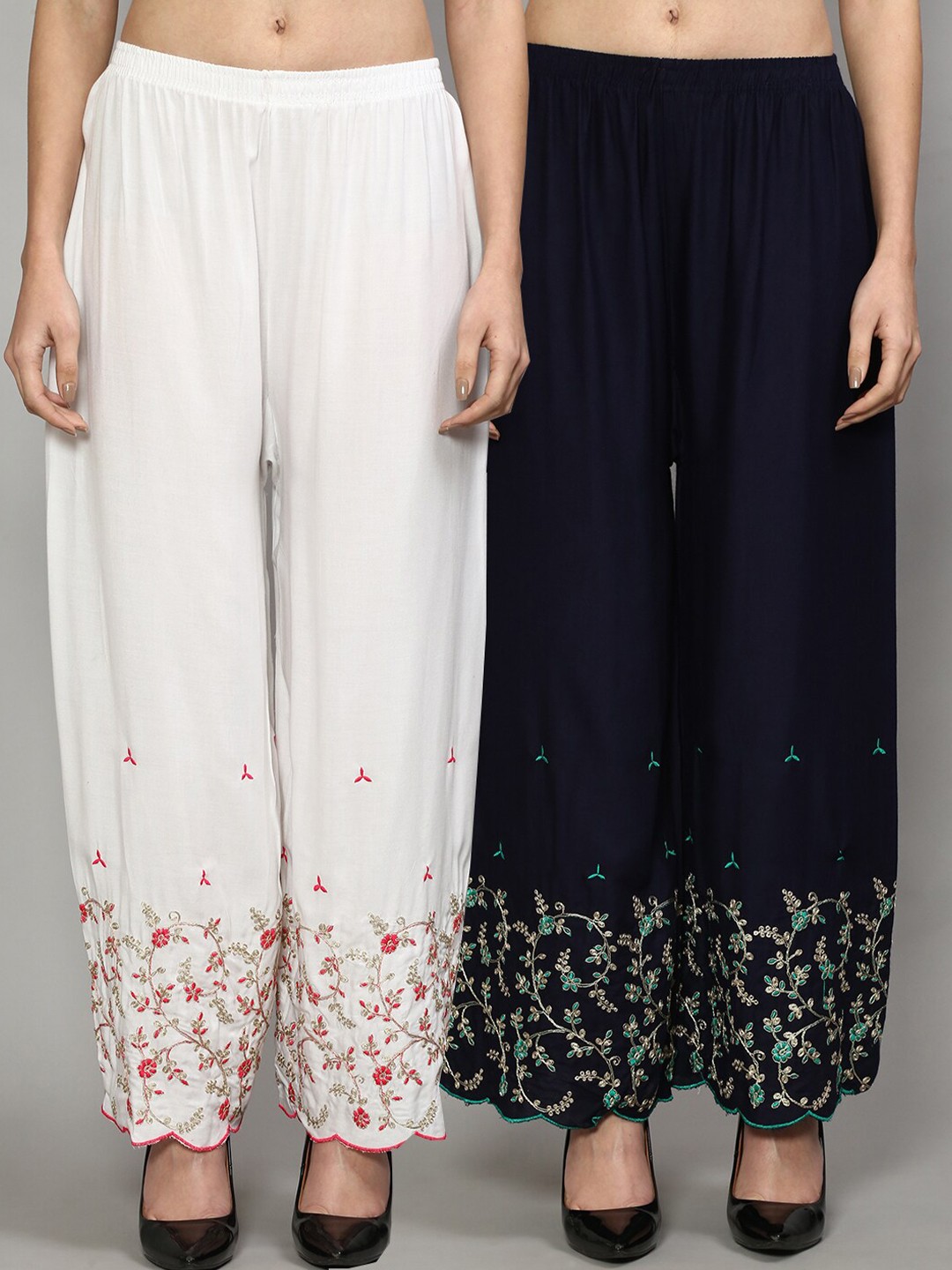 

Jinfo Women White & Navy Blue Set of 2 Floral Embroidered Flared Knitted Ethnic Palazzos