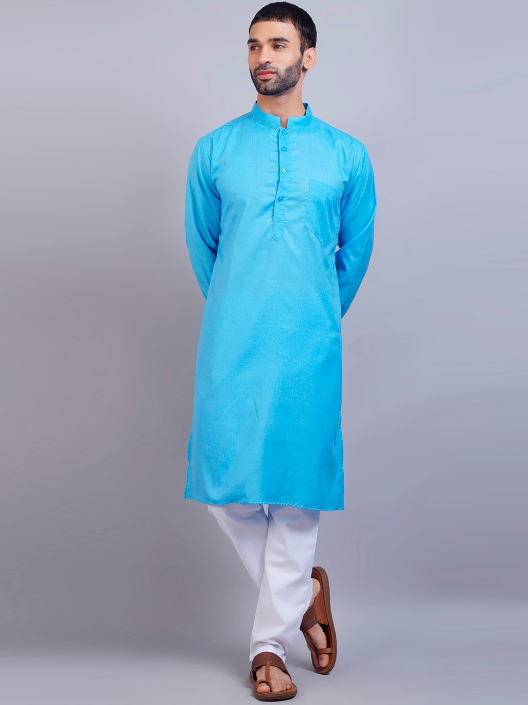 

GRACIT Men Blue Cotton Silk Mandarin Collar Solid Kurta