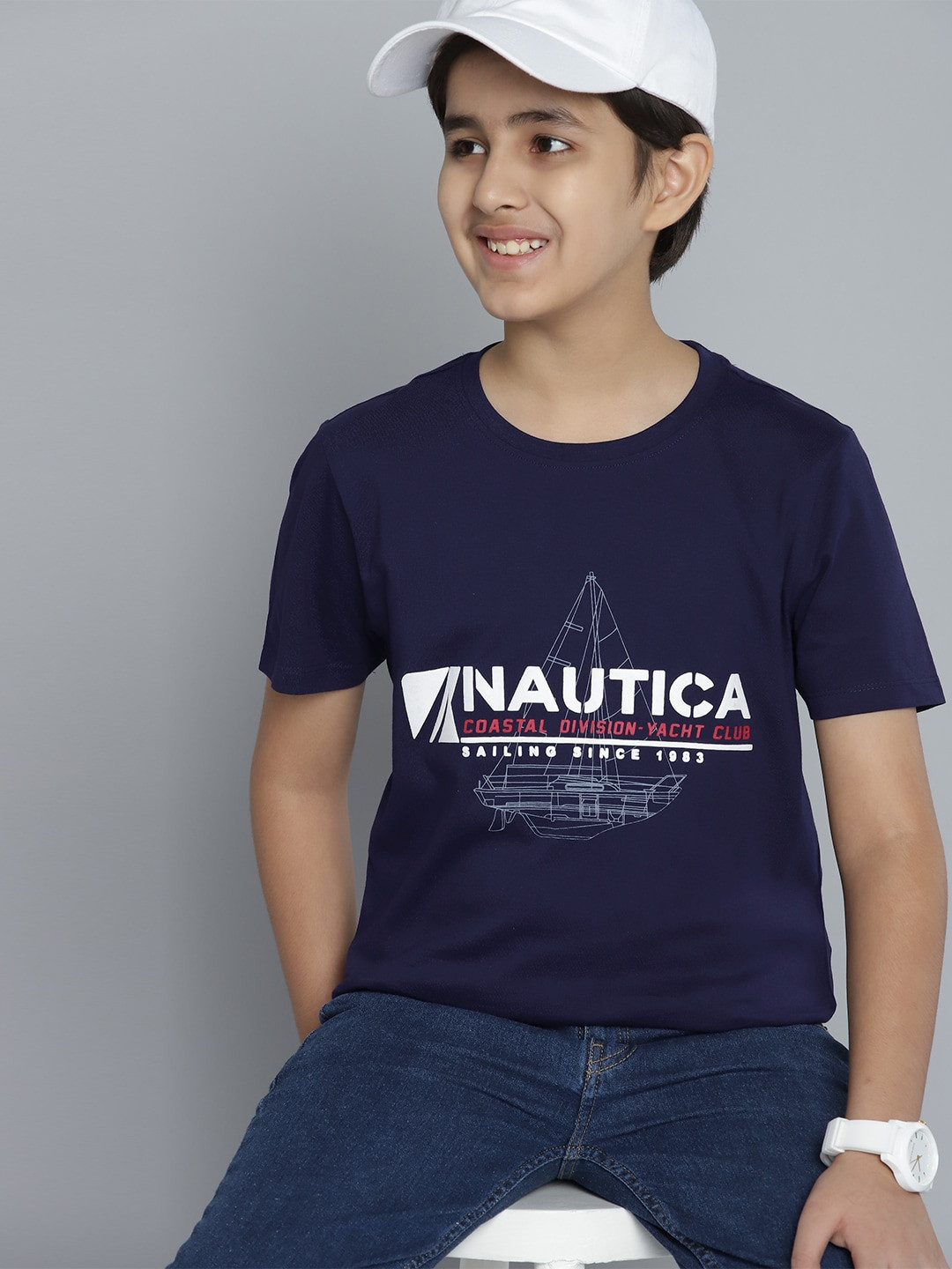 

Nautica Boys Navy Blue & White Brand Logo Printed Pure Cotton T-shirt