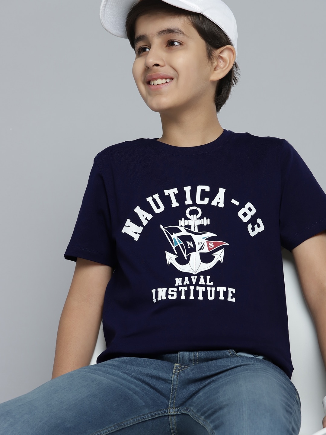 

Nautica Boys Navy Blue & White Brand Logo Printed Pure Cotton T-shirt