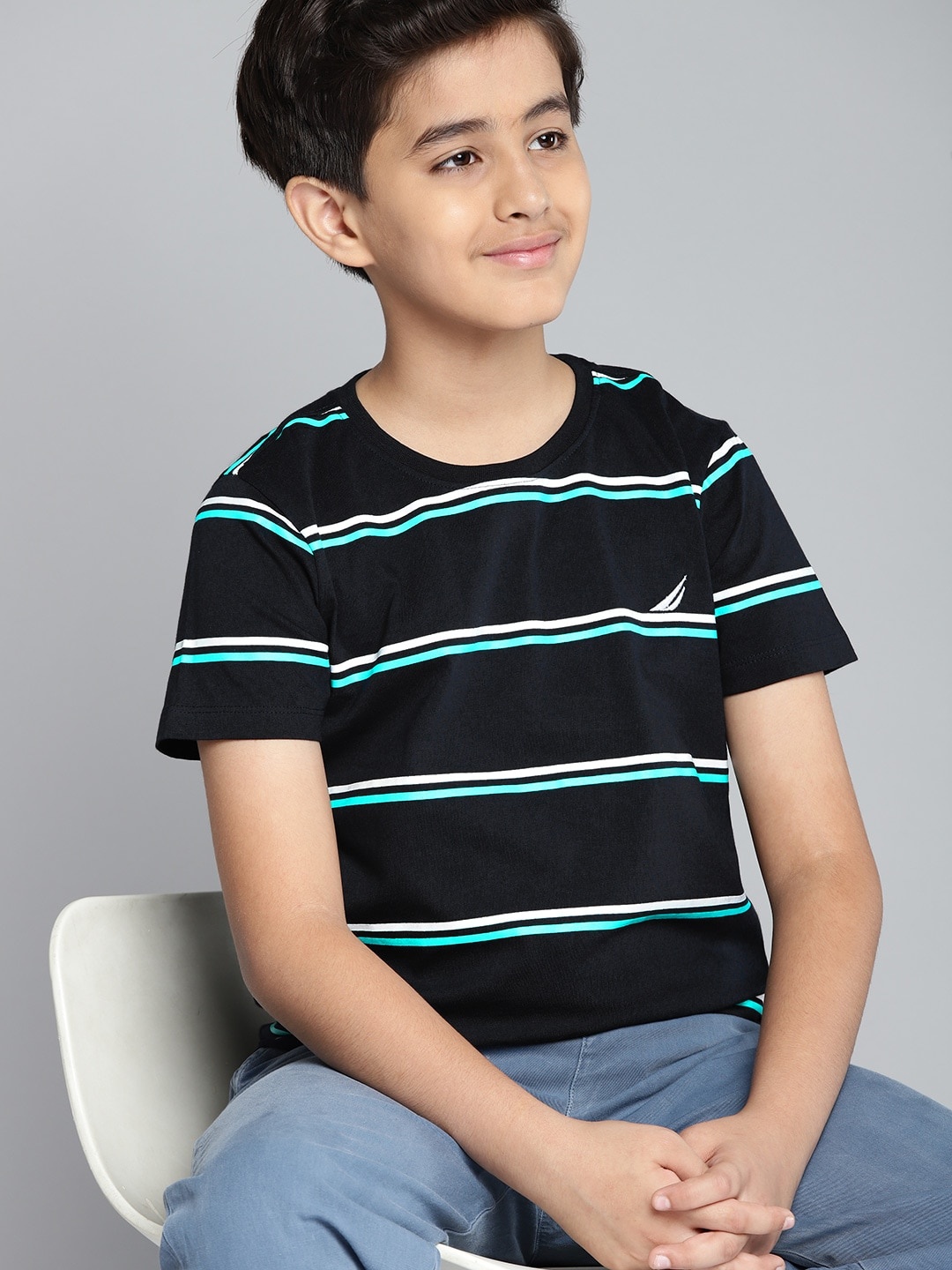 

Nautica Boys Navy Blue & White Striped Round Neck Pure Cotton T-shirt