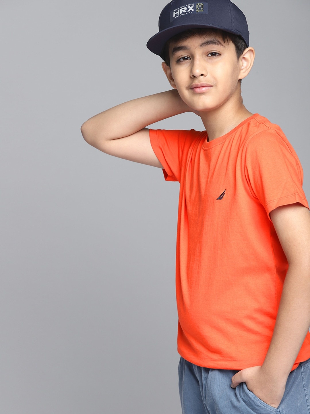 

Nautica Boys Orange Solid Round Neck Embroidered Pure Cotton T-shirt