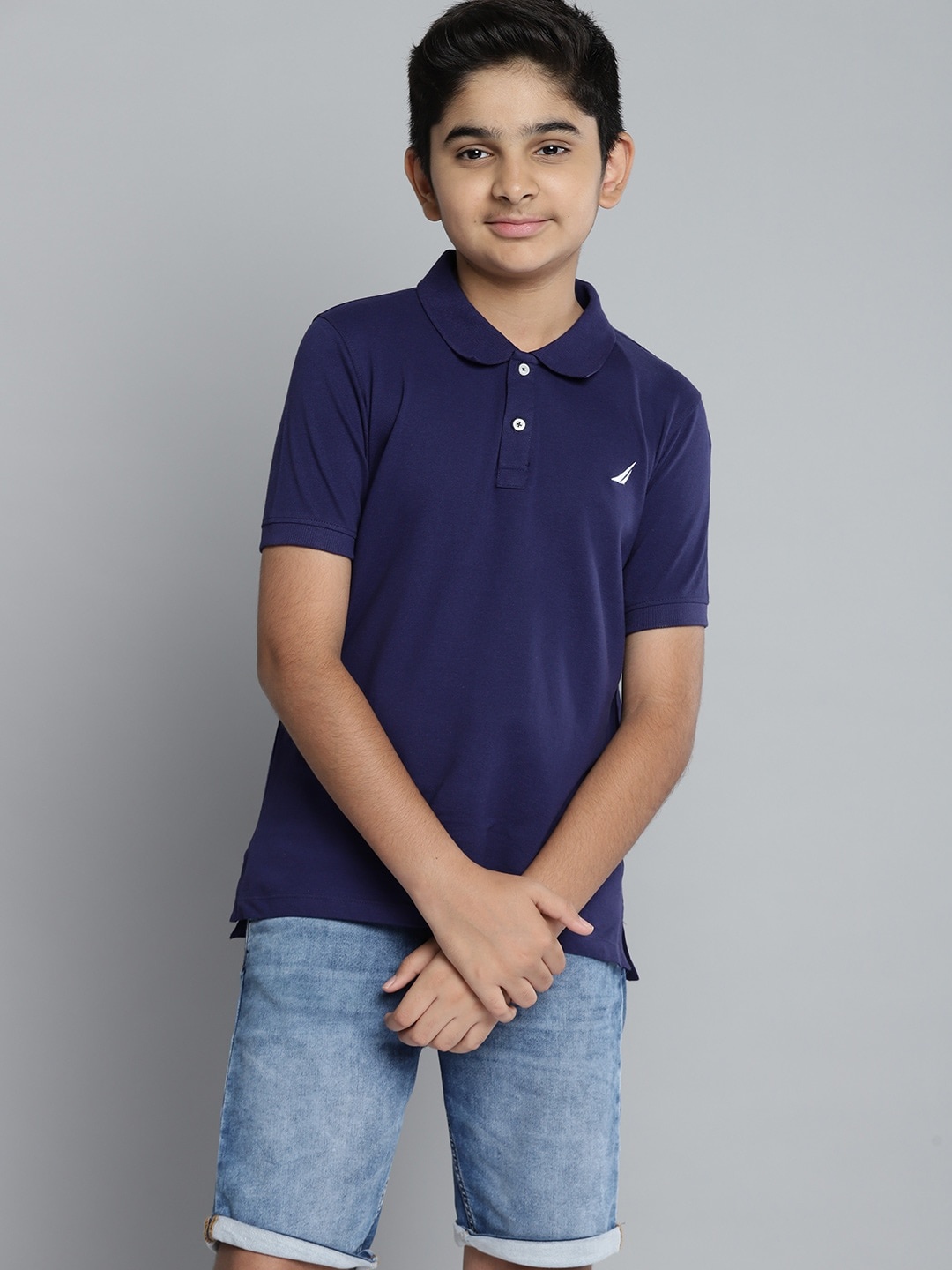 

Nautica Boys Navy Blue Solid Polo Collar Pure Cotton T-shirt