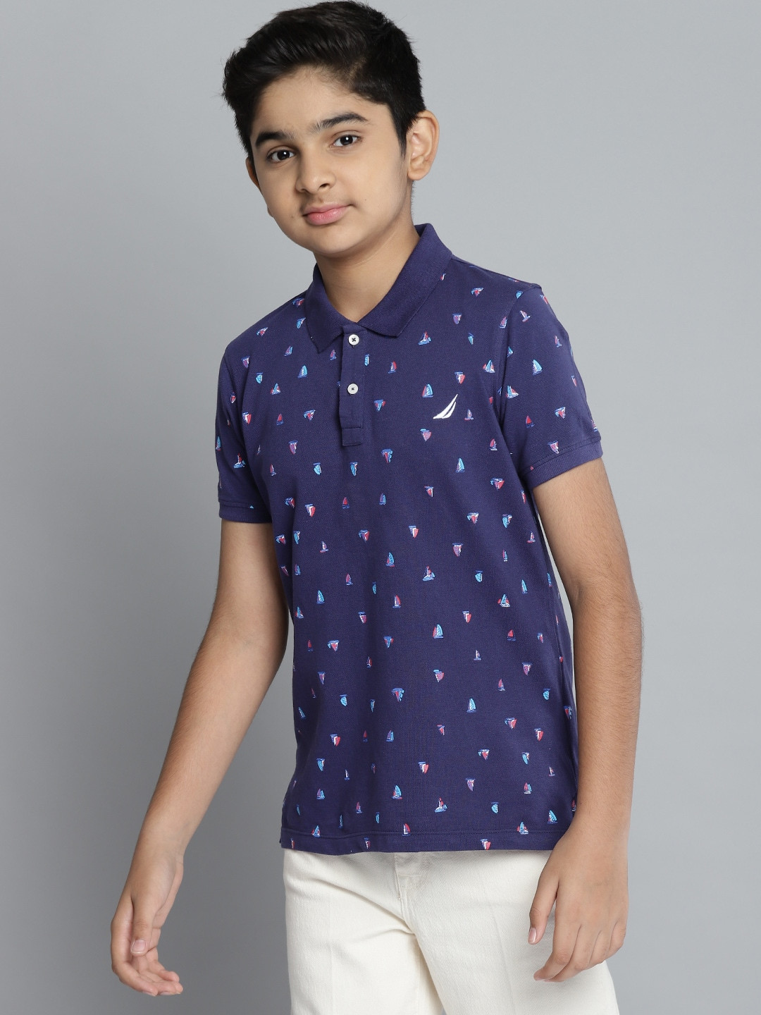 

Nautica Boys Navy Blue Conversational Print Polo Collar Embroidered Pure Cotton T-shirt