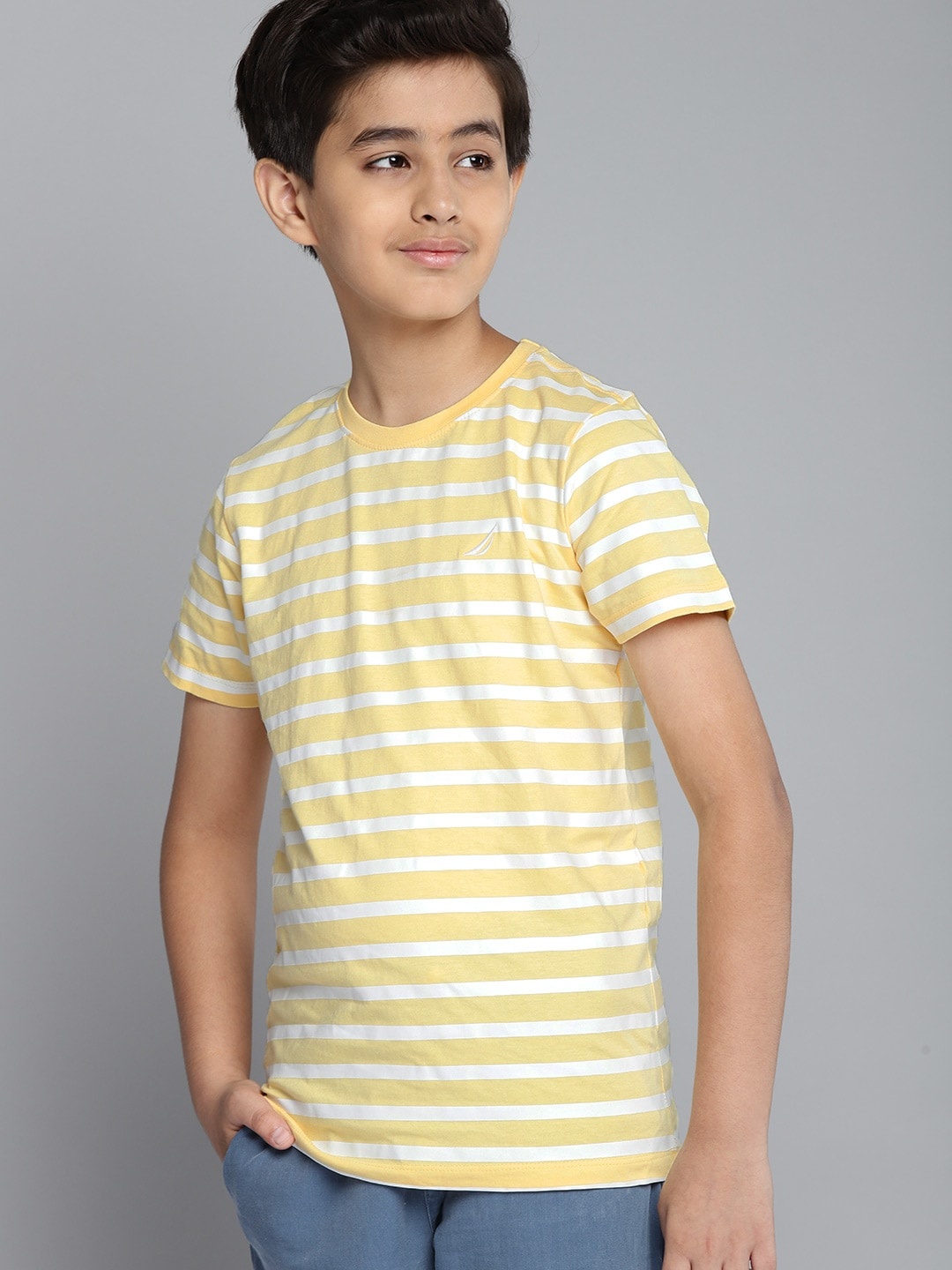 

Nautica Boys Yellow & White Striped Cotton T-shirt