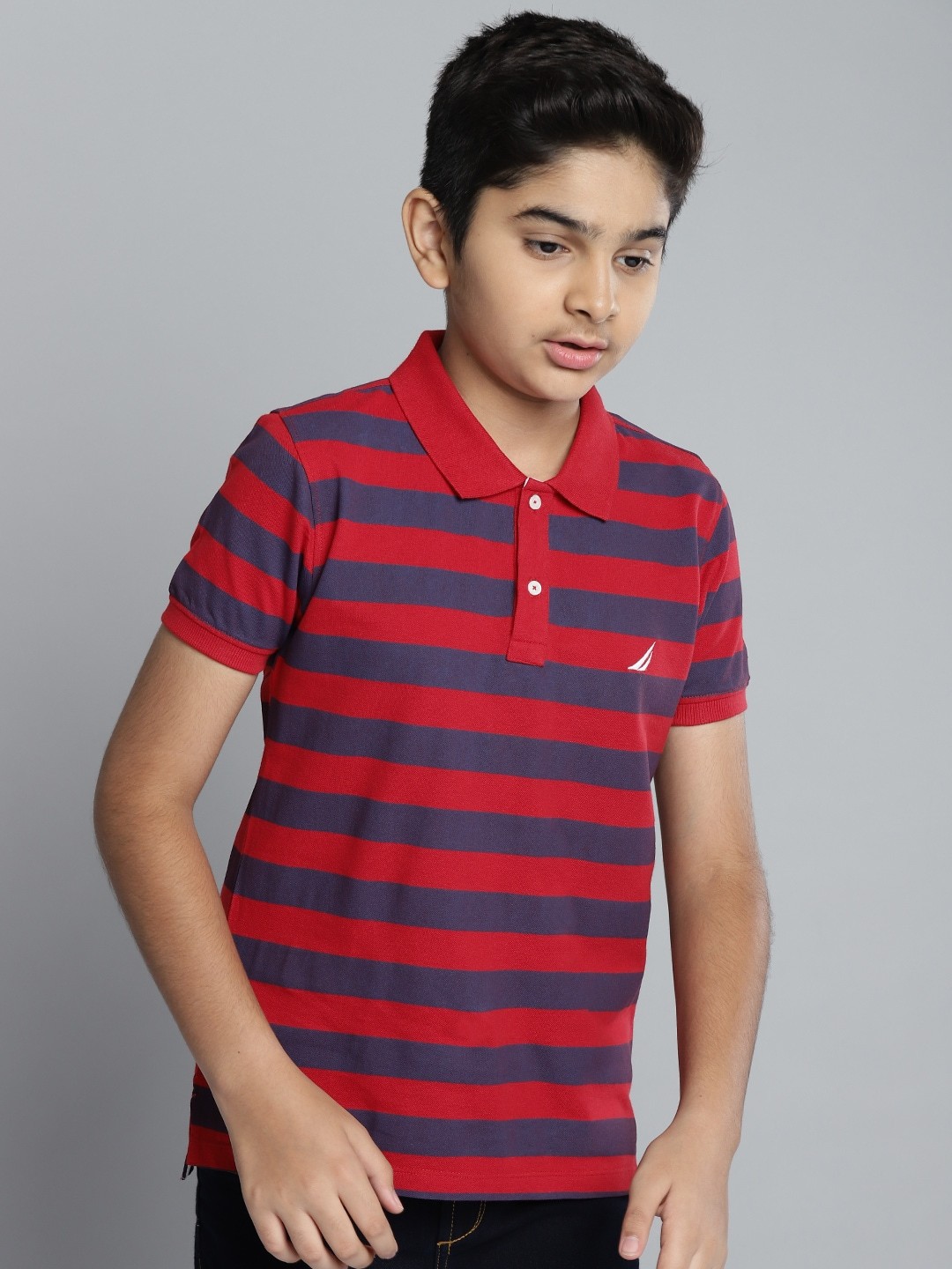 

Nautica Boys Red & Purple Striped Cotton Polo Collar T-shirt