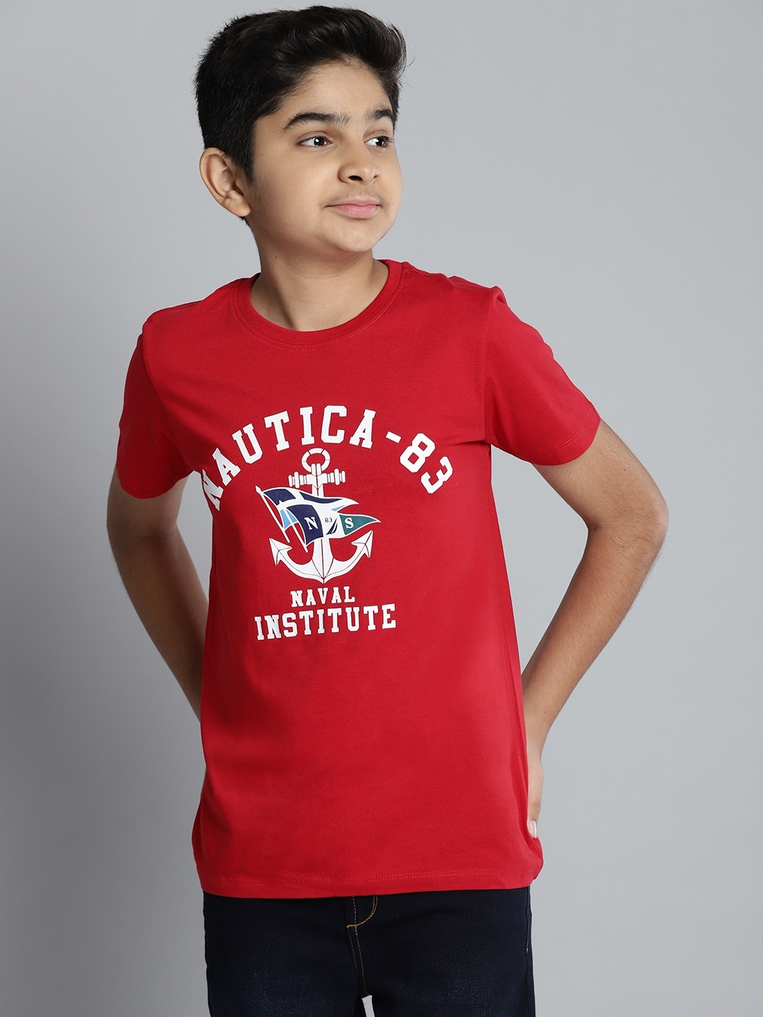 

Nautica Boys Red Brand Logo Print Round Neck Regular Sleeves Pure Cotton T-shirt