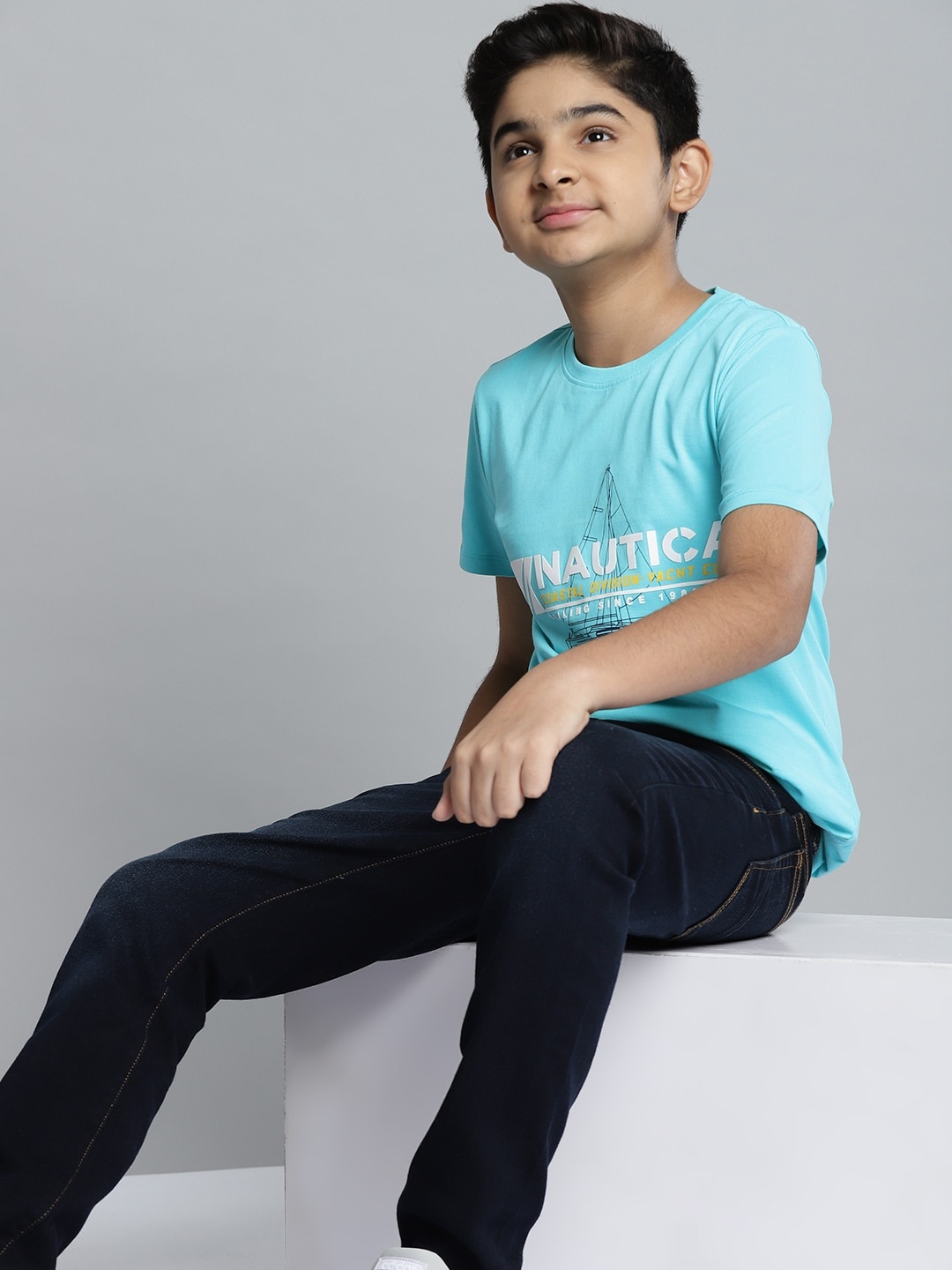 

Nautica Boys Blue & White Typography Printed Cotton T-shirt