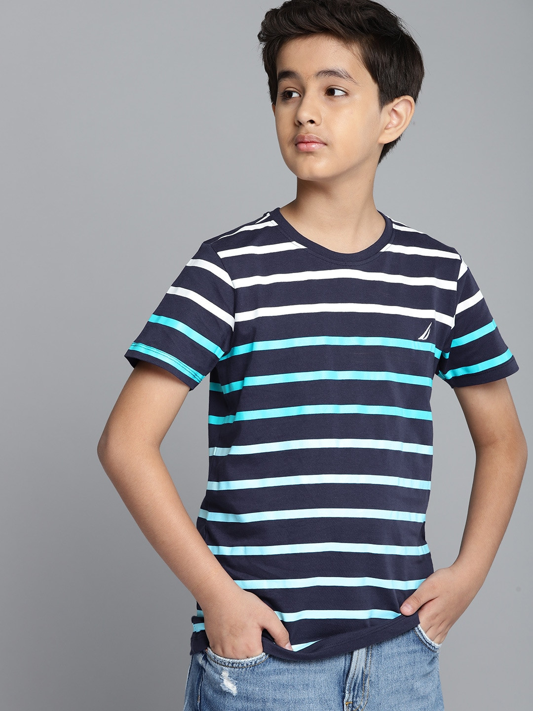 

Nautica Boys Navy Blue Striped Round Neck Embroidered Pure Cotton T-shirt