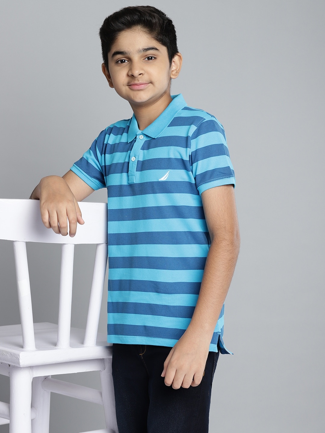 

Nautica Boys Blue Striped Cotton Polo Collar T-shirt