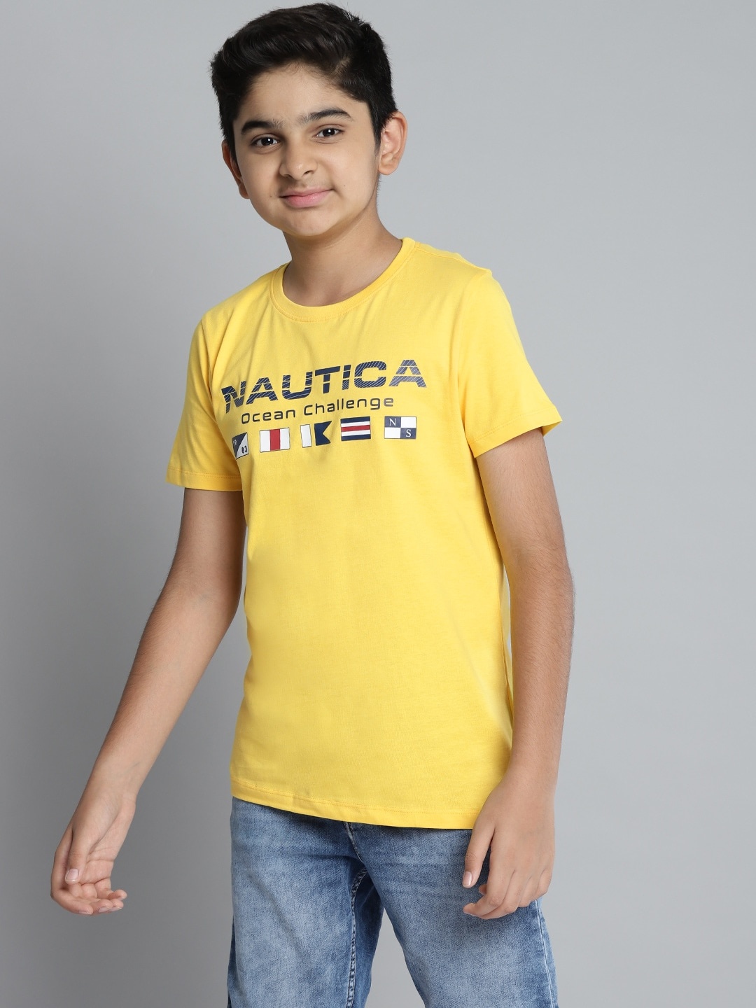 

Nautica Boys Yellow & Blue Brand Logo Print Round Neck Pure Cotton T-shirt