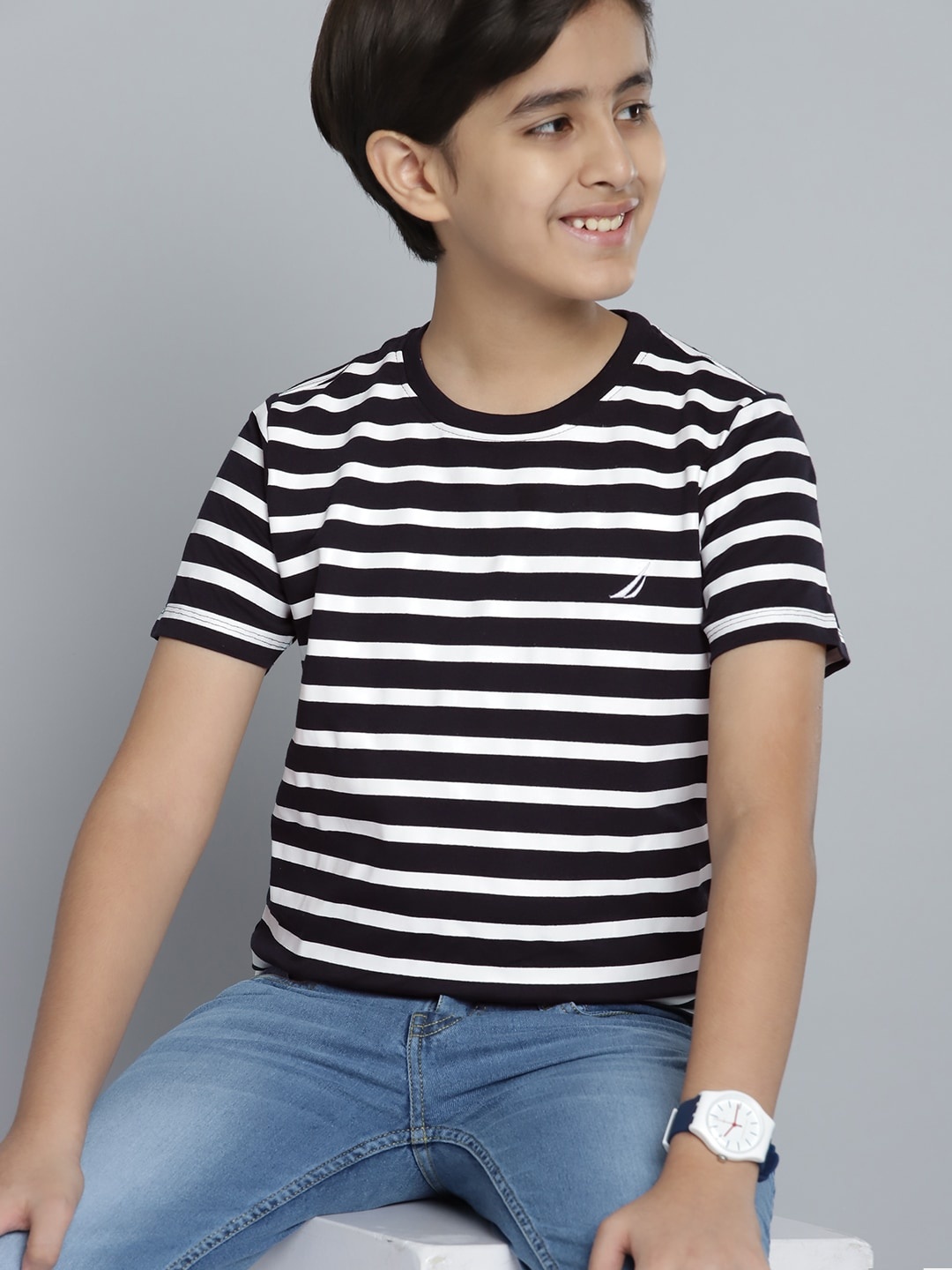 

Nautica Boys Navy Blue & White Striped Pure Cotton T-shirt
