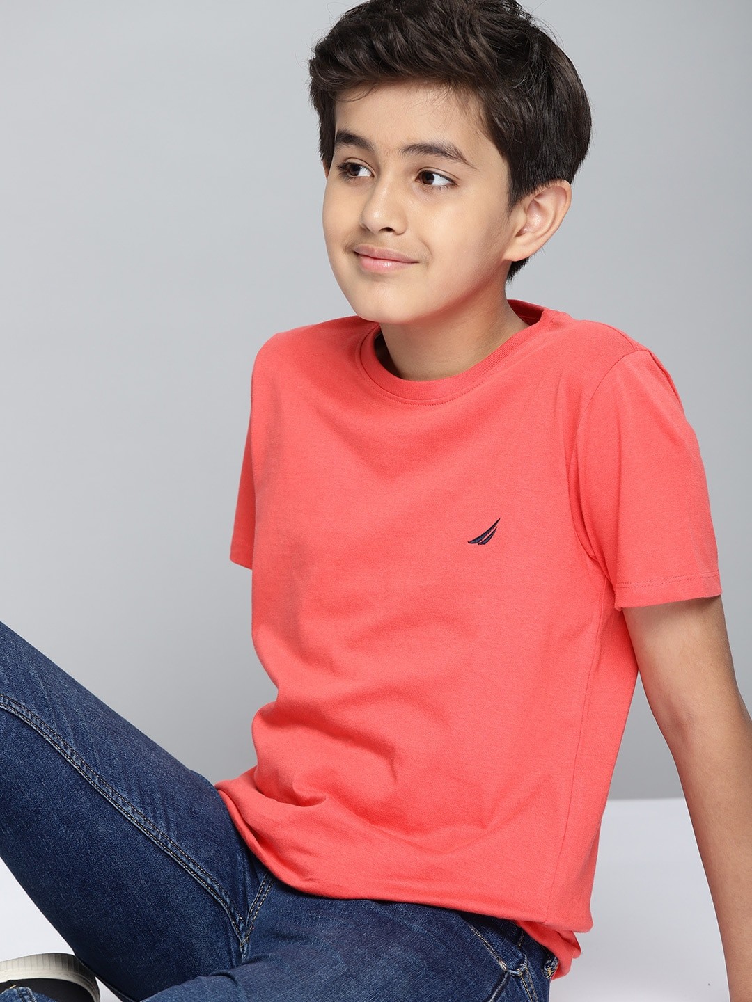 

Nautica Boys Coral Pink Solid Round Neck Embroidered Pure Cotton T-shirt