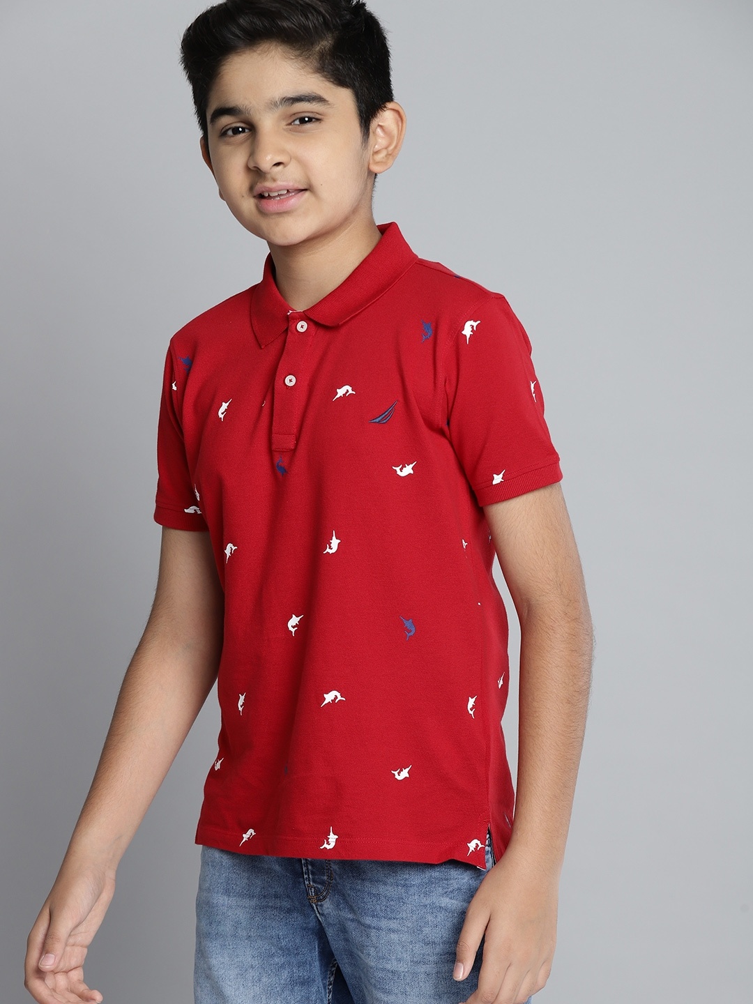 

Nautica Boys Maroon & White Conversational Print Polo Collar Pure Cotton T-shirt