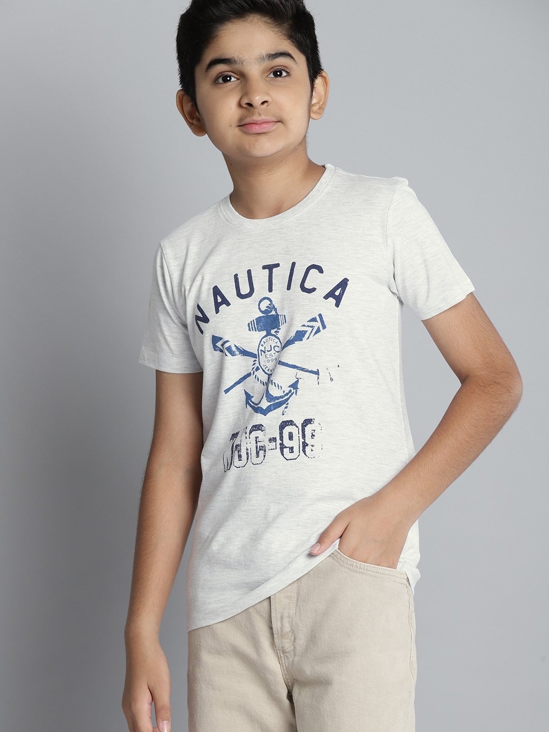 

Nautica Boys Grey & Navy Blue Brand Logo Print T-shirt