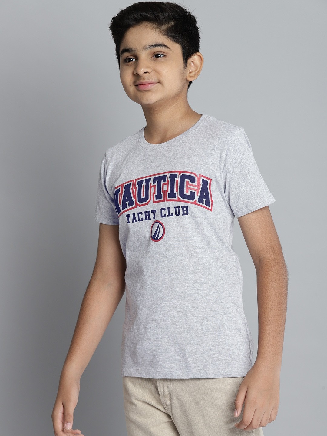 

Nautica Boys Grey Melange & Navy Blue Brand Logo Print T-shirt