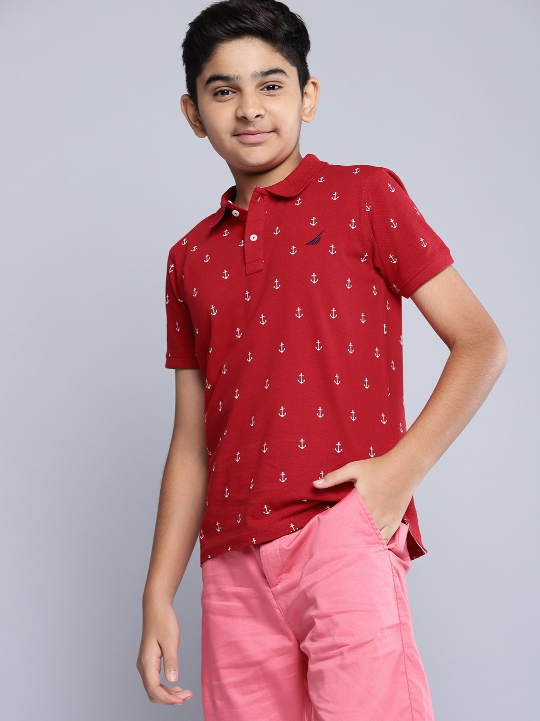 

Nautica Boys Red & White Printed Polo Collar Pure Cotton T-shirt