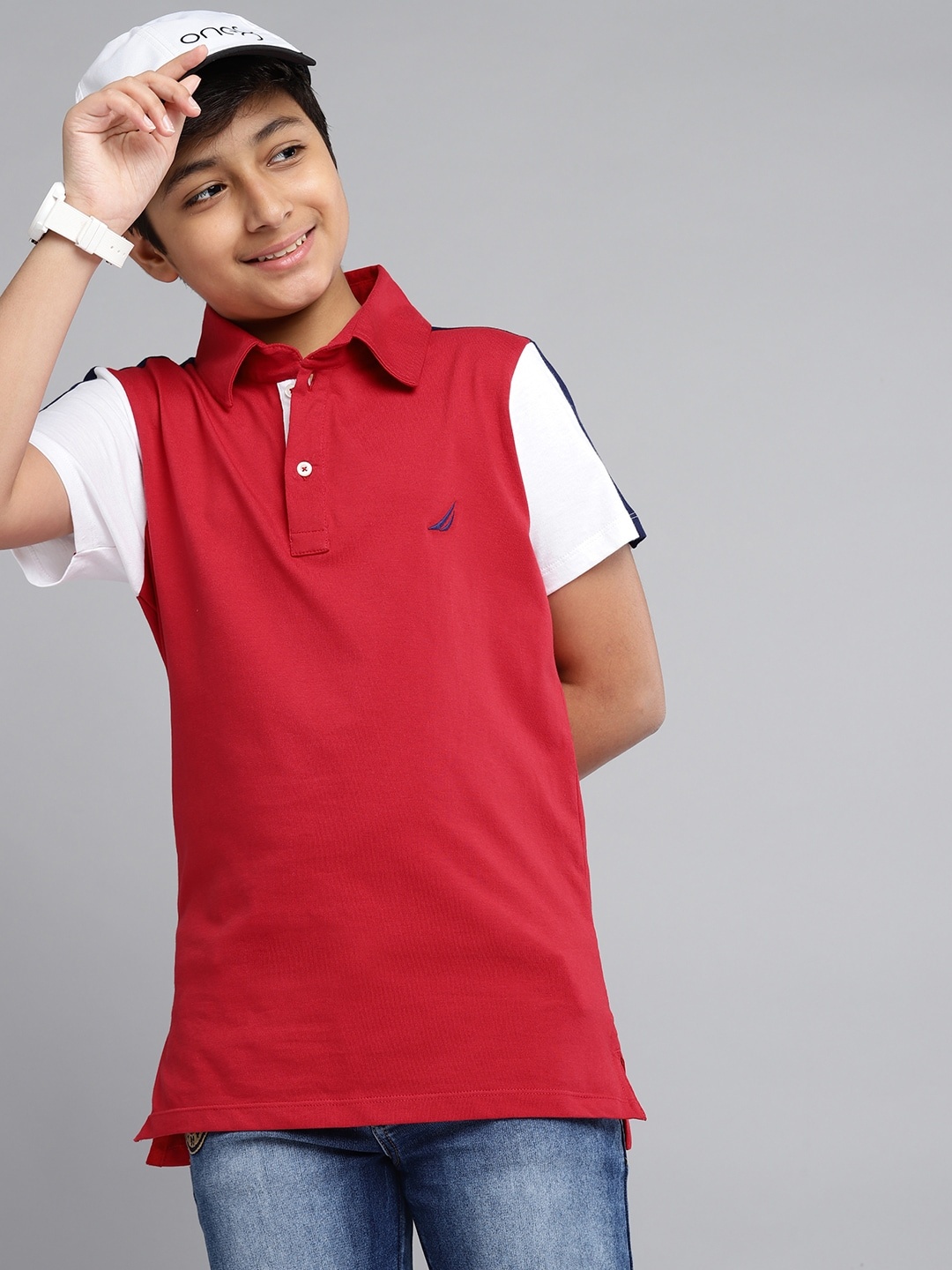 

Nautica Boys Red & White Pure Cotton Polo Collar T-shirt