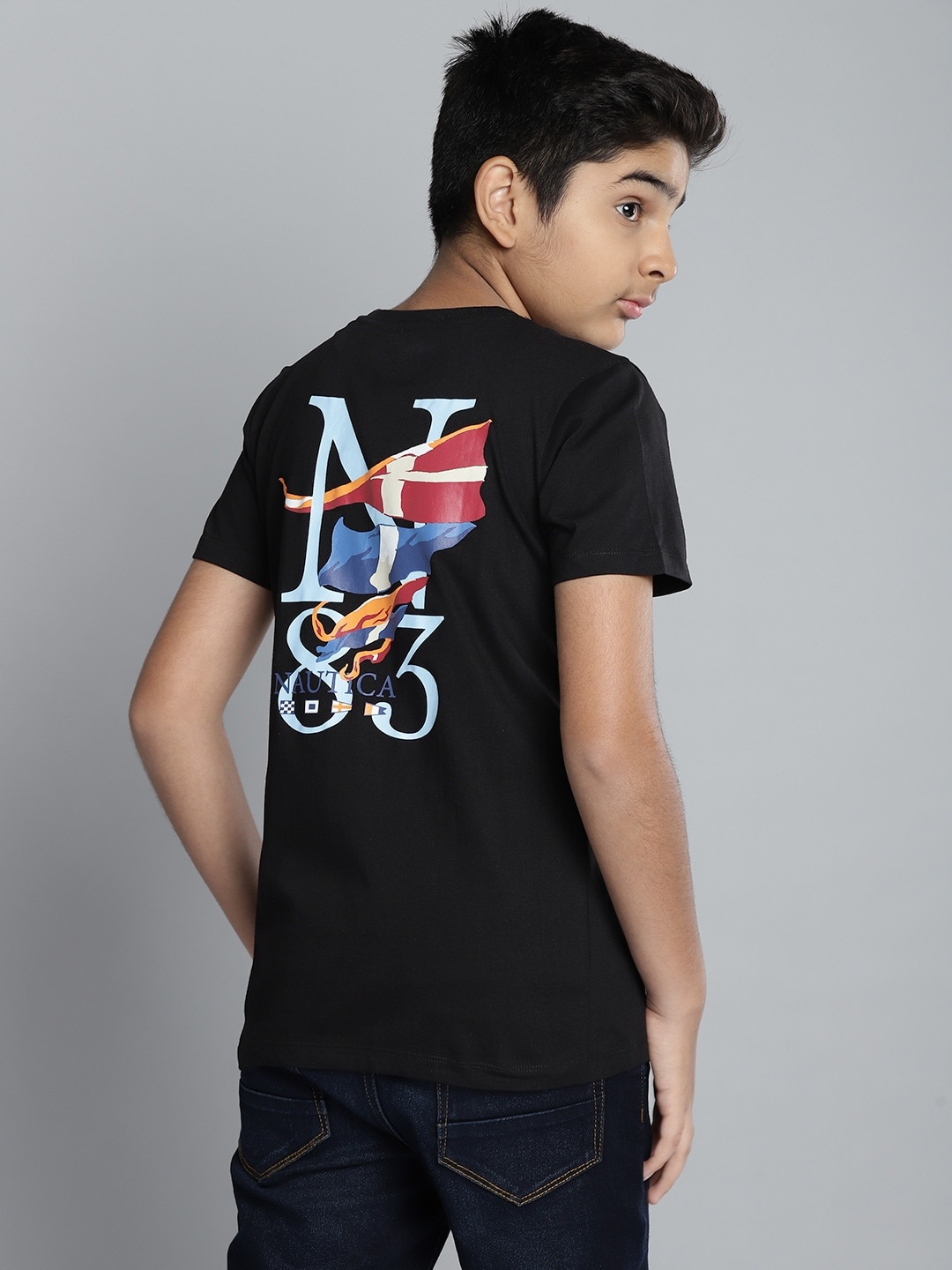 

Nautica Boys Black & Blue Brand Logo Print Round Neck Pockets Pure Cotton T-shirt