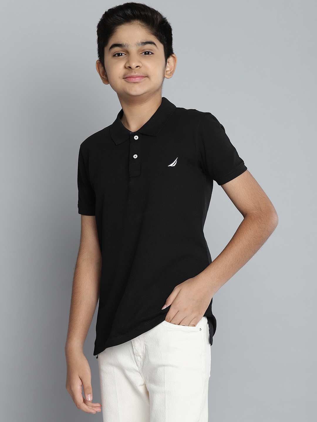 

Nautica Boys Black Solid Polo Collar Embroidered Pure Cotton T-shirt