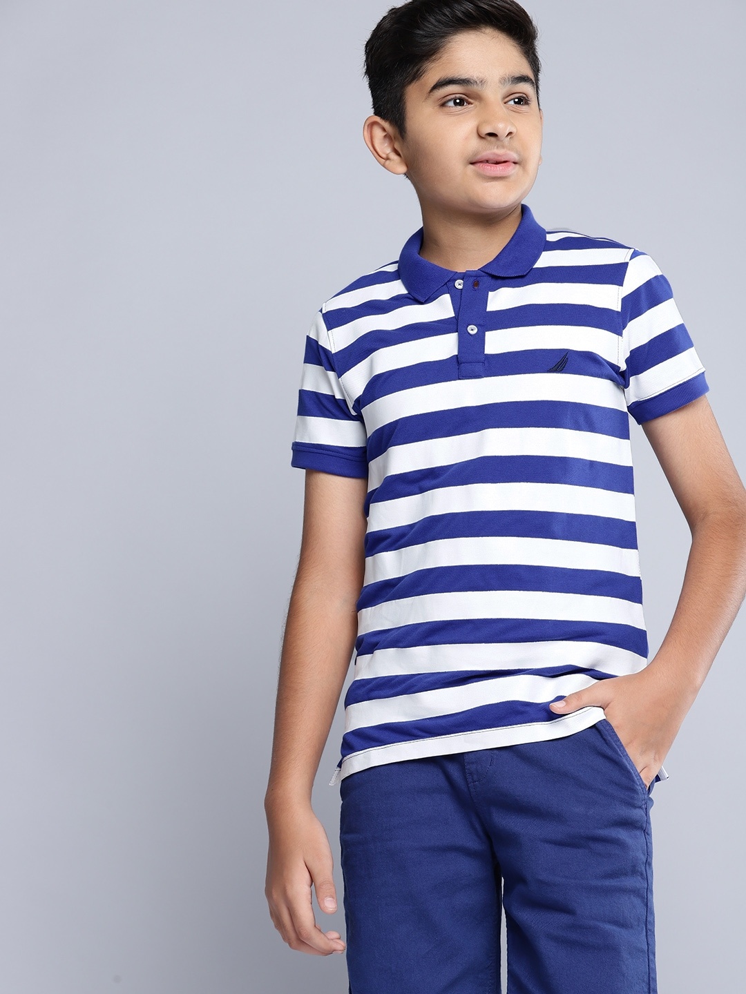 

Nautica Boys Blue & White Striped Polo Collar Pure Cotton T-shirt