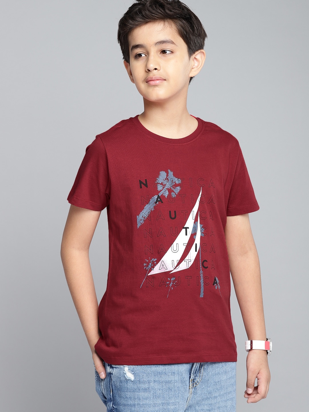 Nautica Boys Maroon Brand Logo Print Round Neck Pure Cotton T-shirt